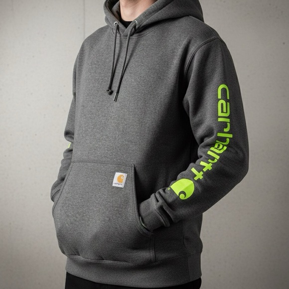 Carhartt K288 Signature Sleeve Logo Loose Fit Hoodie Sweatshirt Gray Neon Yellow - Picture 2 of 11